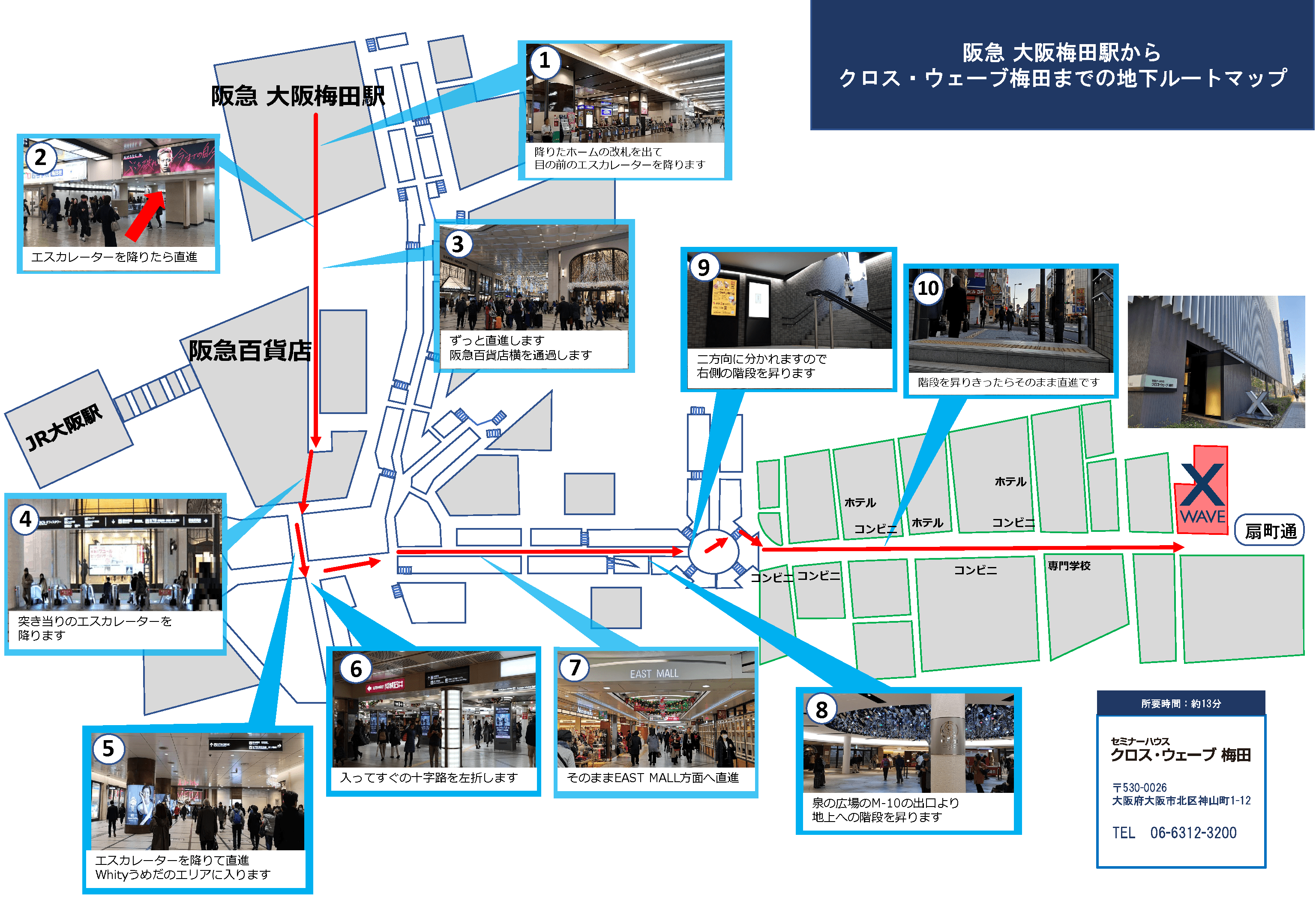 阪急梅田駅からクロス・ウェーブ梅田までのルートマップ